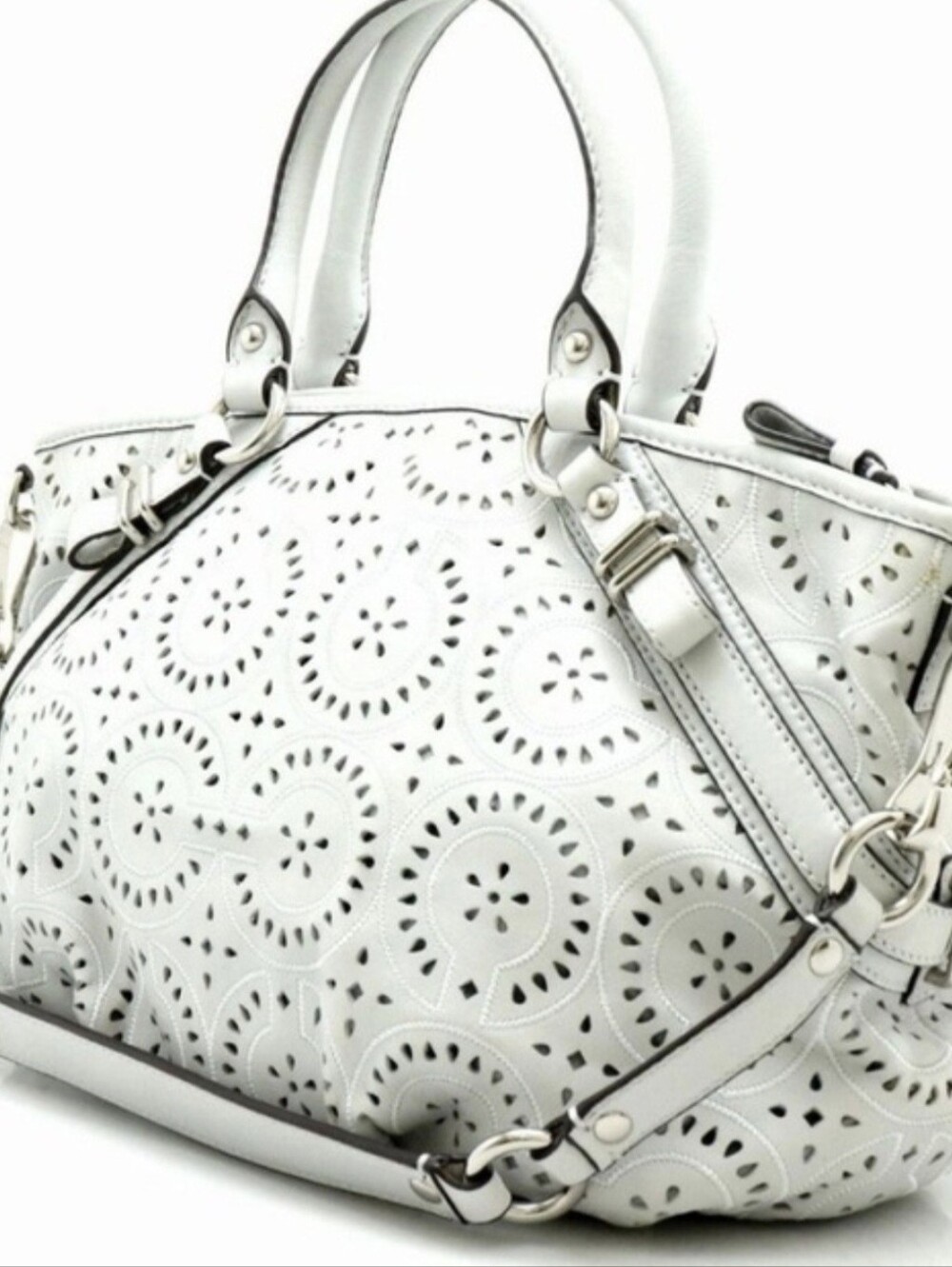 Coach Madison Sophia Op Art Laser Cut Eyelet Lace White Leather Handbag 17003